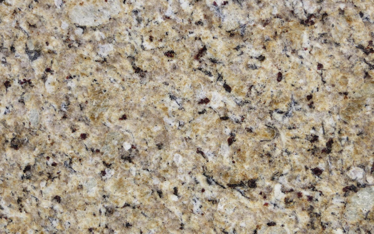 Close-up of a speckled granite surface, with beige and brown tones and dark spots.