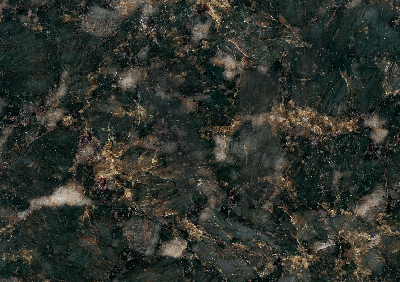 Dark green granite with gold and white veins.