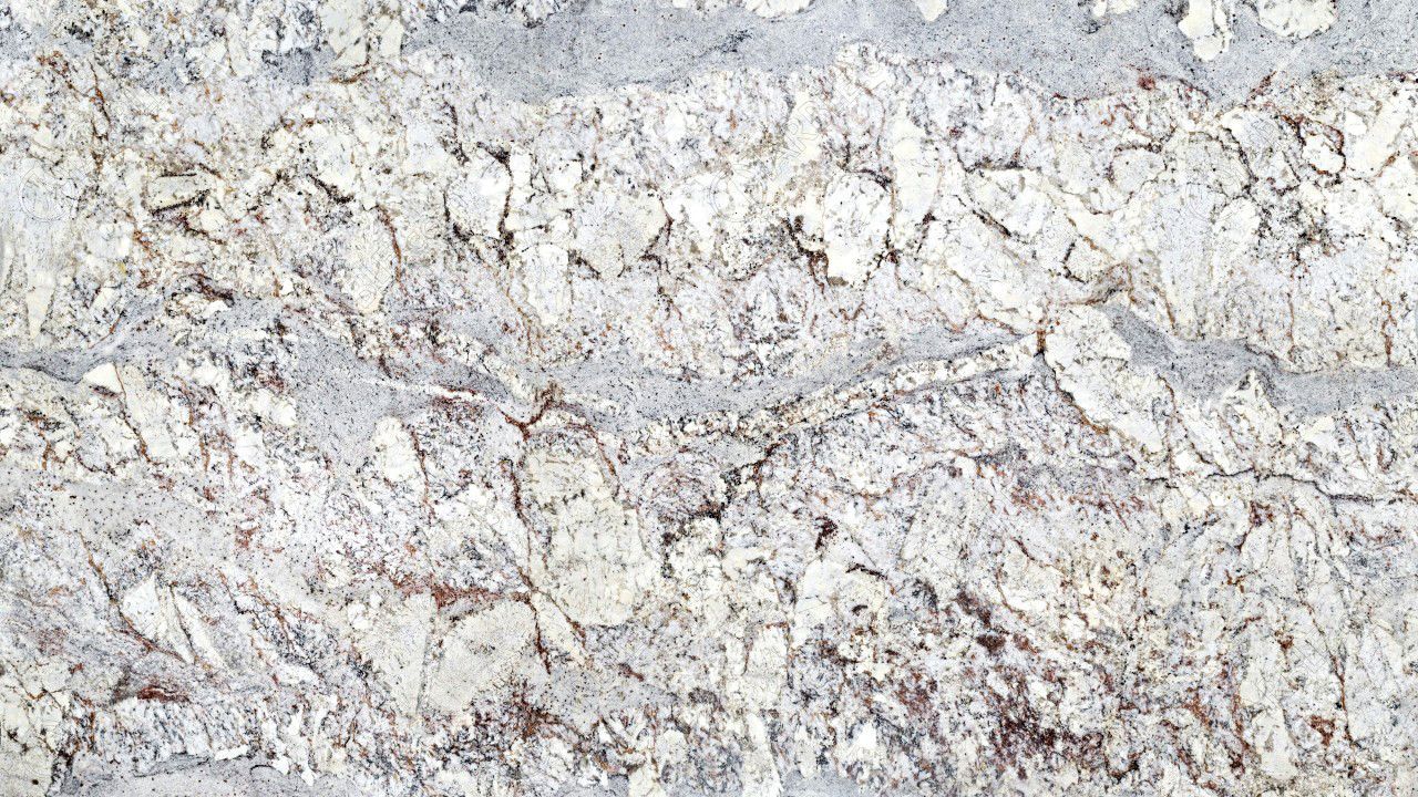 White and gray granite countertop with brown and gray veining.