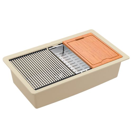 Beige kitchen sink with cutting board, drying rack, and colander insert.
