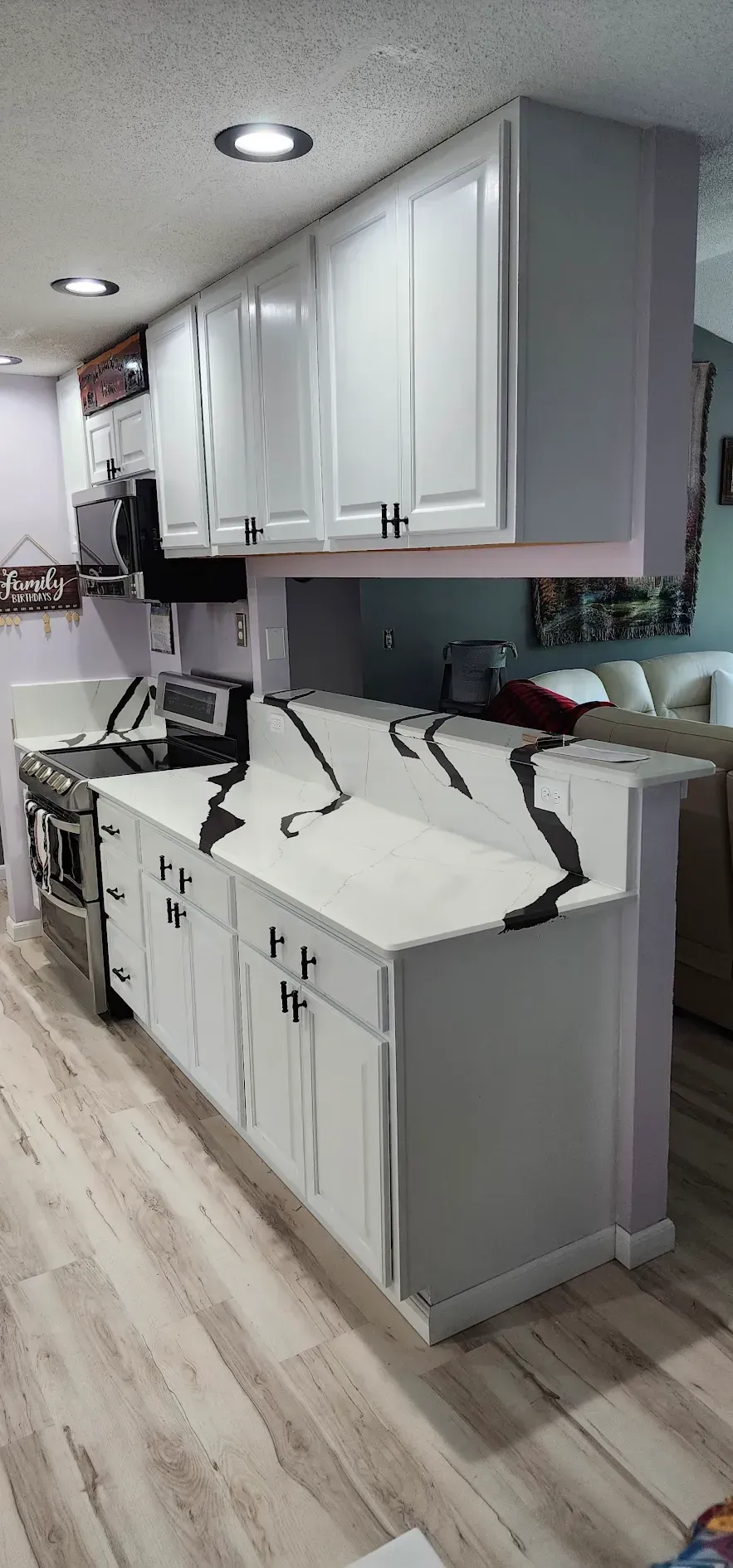 White kitchen with countertops featuring black veining, cabinets, and appliances.
