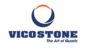 Logo for Vicostone: blue and orange circular design above bold, blue 