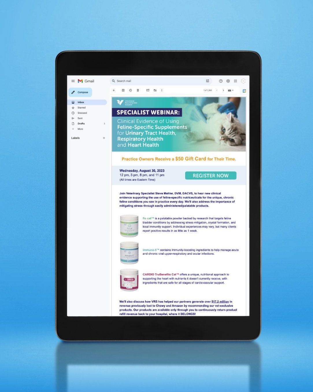 A blue and white advertisement for chewy.com