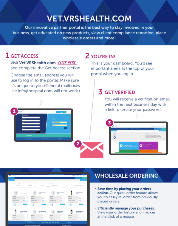 A flyer for vet.vrshealth.com shows how to use the website