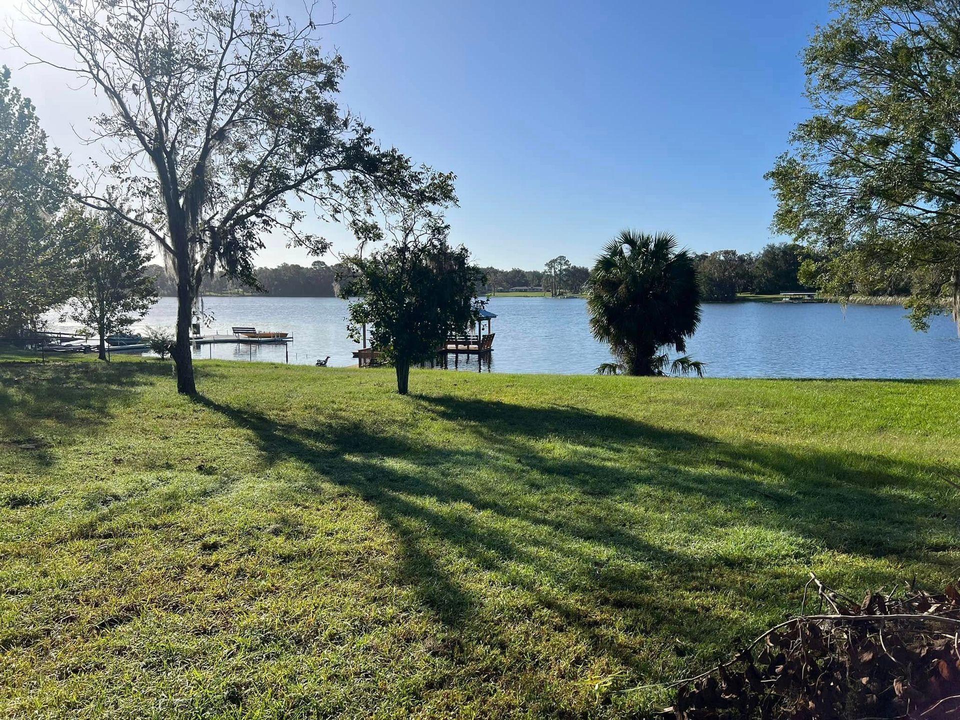 Sunny lakeside park with grassy lawn, trees, benches, and long shadows by the water
