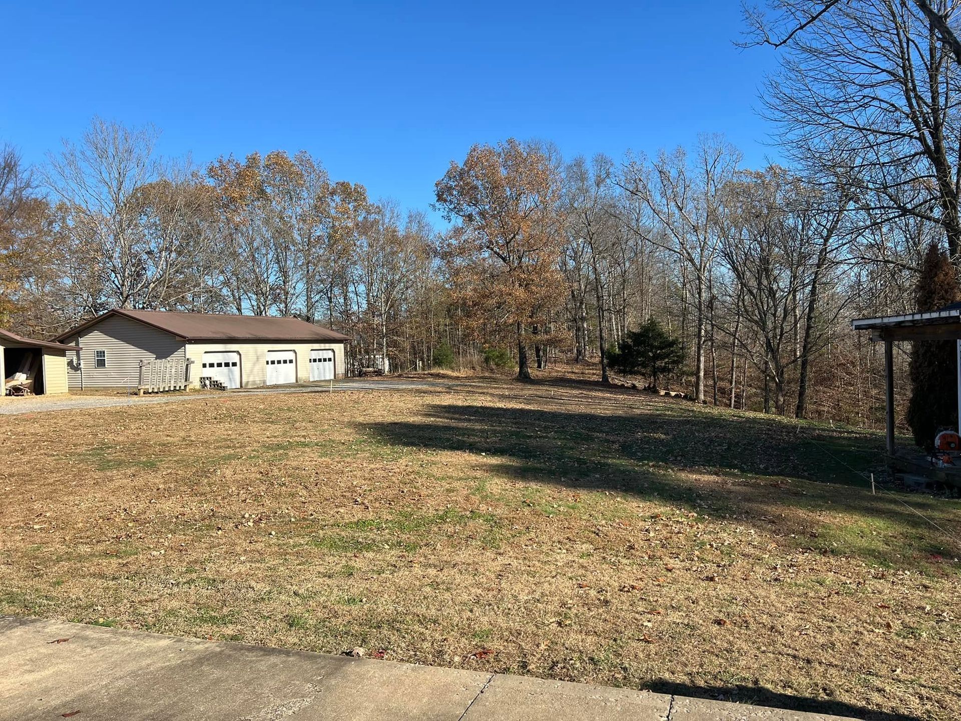 Rural yard with a house, leafless trees, and a clear blue sky on a sunny day