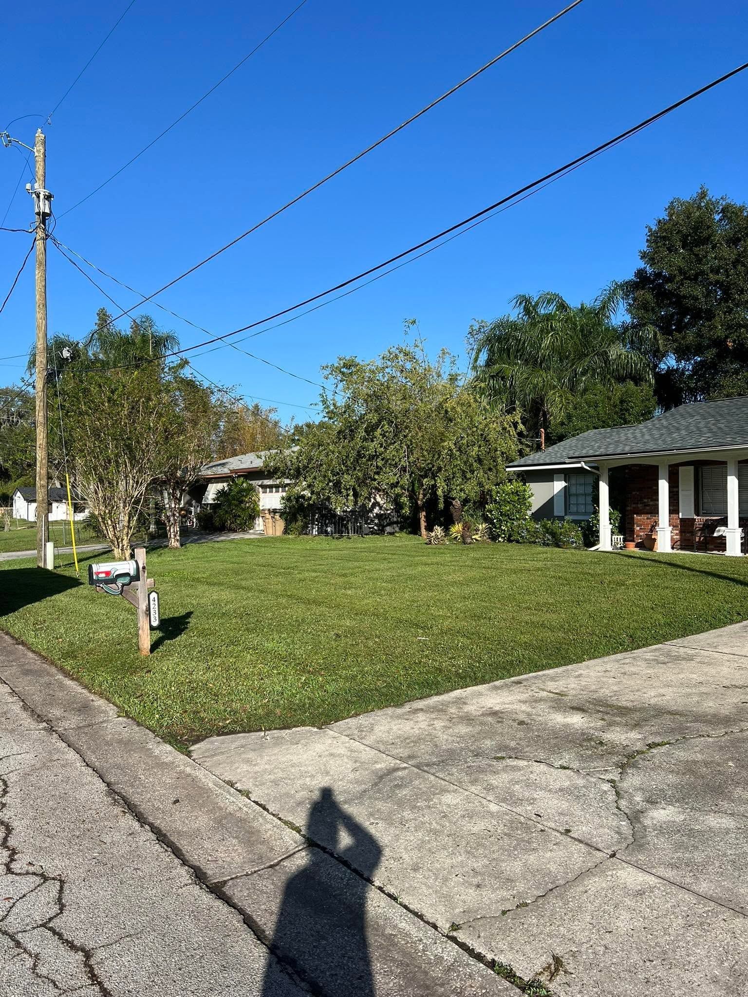 Suburban front yard with a house, lawn, driveway, and power lines under a clear blue sky