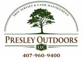 Presley Outdoors LLC logo with tree and service text, phone number 407-960-9400