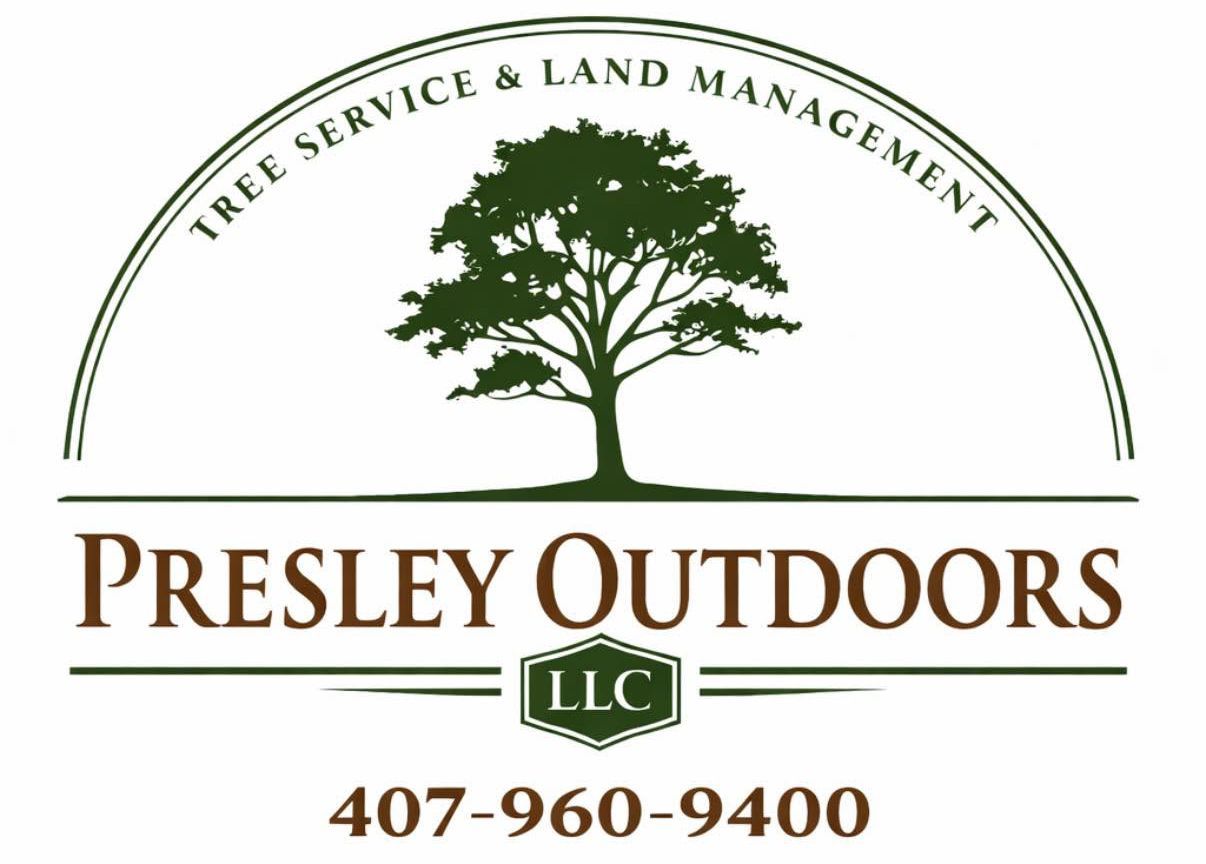 Presley Outdoors LLC logo with tree and service text, phone number 407-960-9400