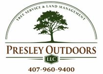 Presley Outdoors LLC logo with tree and service text, phone number 407-960-9400