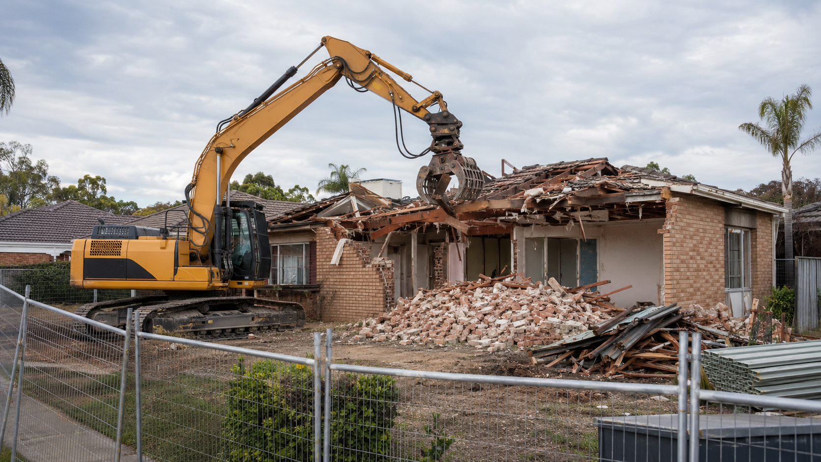 House demolition project managed with excavator equipment