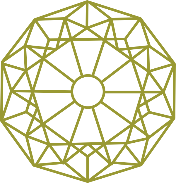 Gouden geometrische achthoek met een binnenste cirkel en ingewikkelde lijnen.