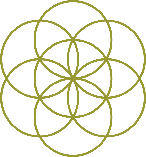 Goudkleurige, overlappende cirkels vormen een symmetrisch, bloemachtig patroon.