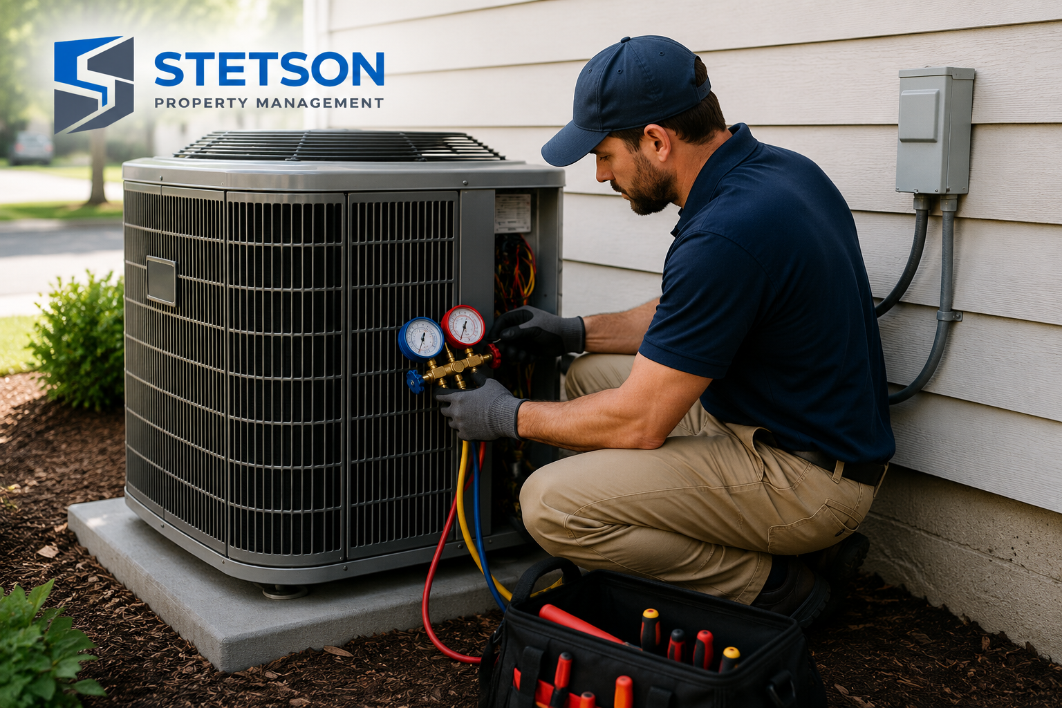 HVAC technician servicing an air conditioning unit at an Austin rental property