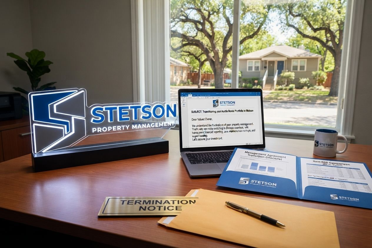 Stetson Property Management desk setup with a termination notice and transition documents for landlords considering switching property managers.
