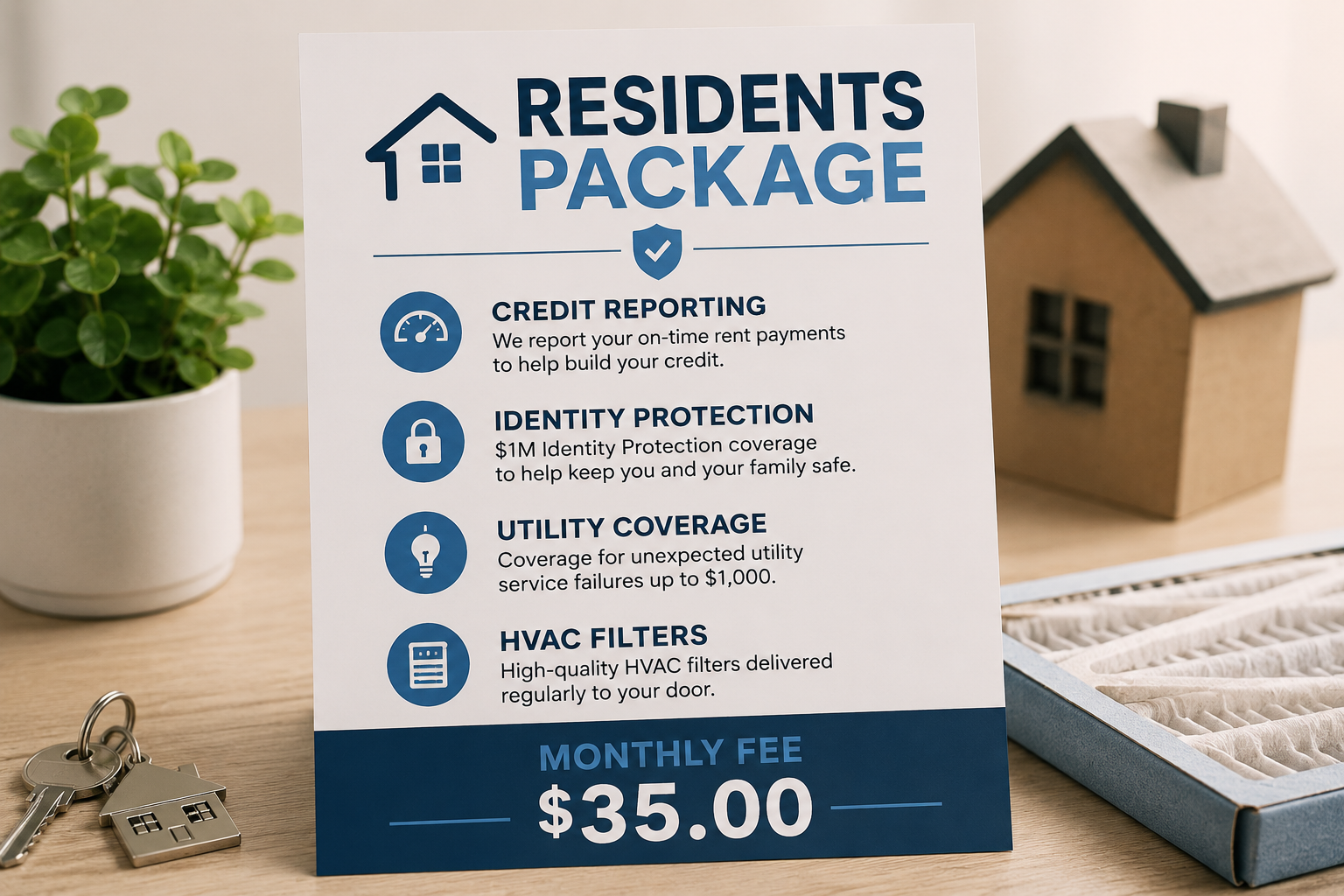 Resident benefits package showing credit reporting, identity protection, utility coverage, HVAC filt