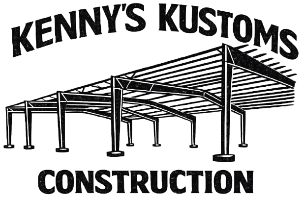 Kenny’s Kustoms Construction logo with a black steel carport frame illustration on white background