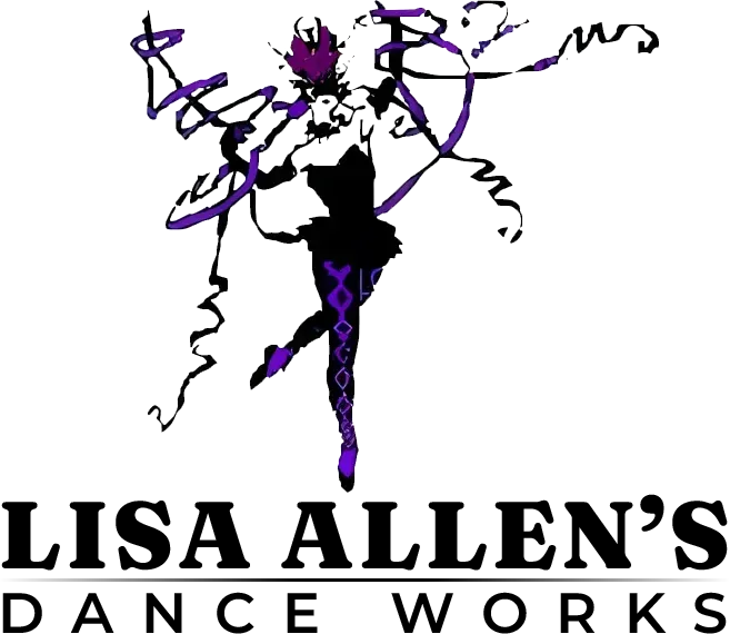 Lisa Allen’s Dance Works logo with a black-and-purple abstract dancer and stylized text