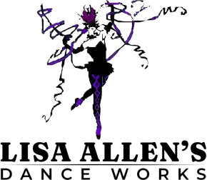 Lisa Allen’s Dance Works logo with a black-and-purple abstract dancer and stylized text