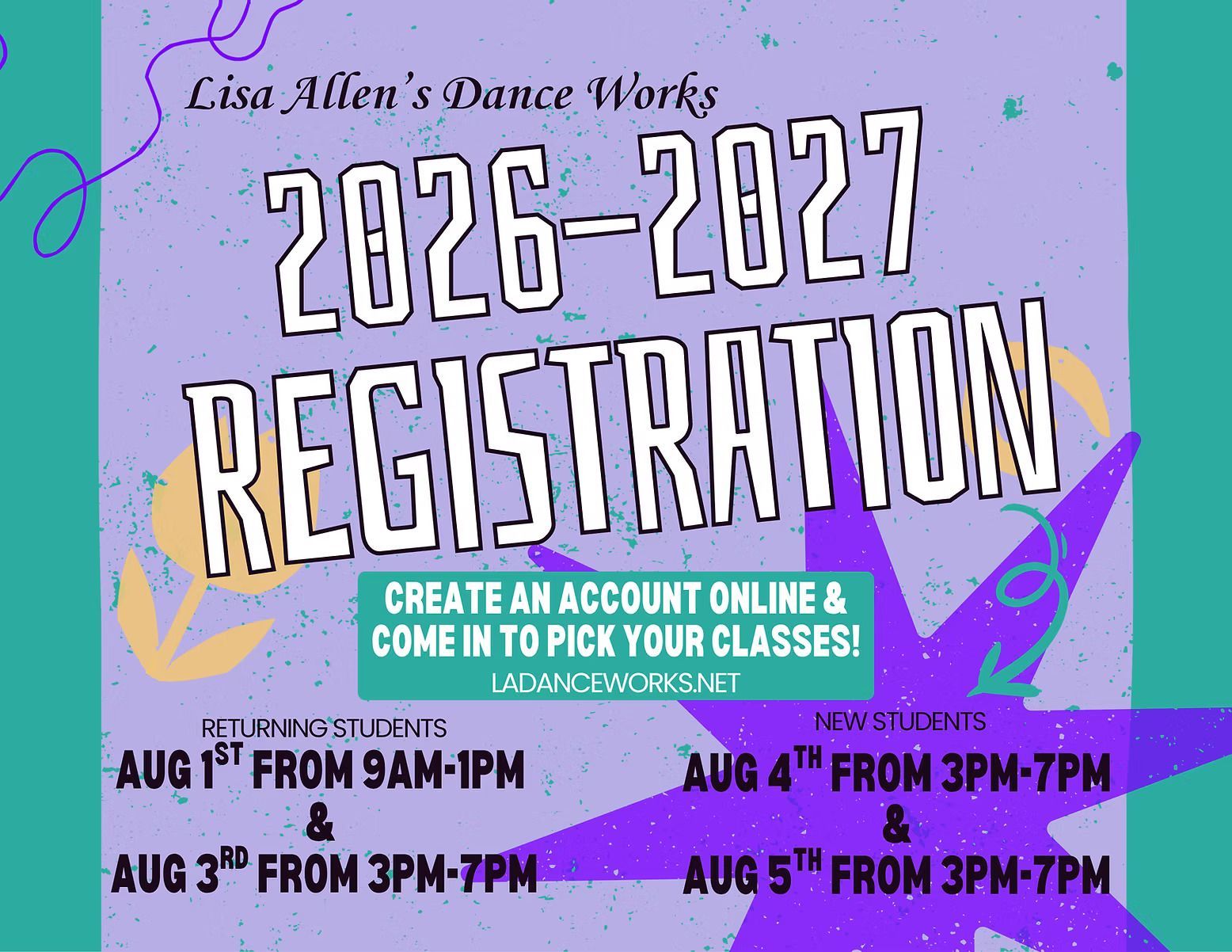 Lisa Allen's Dance Works 2026–2027 registration poster, purple background with class dates and online signup info