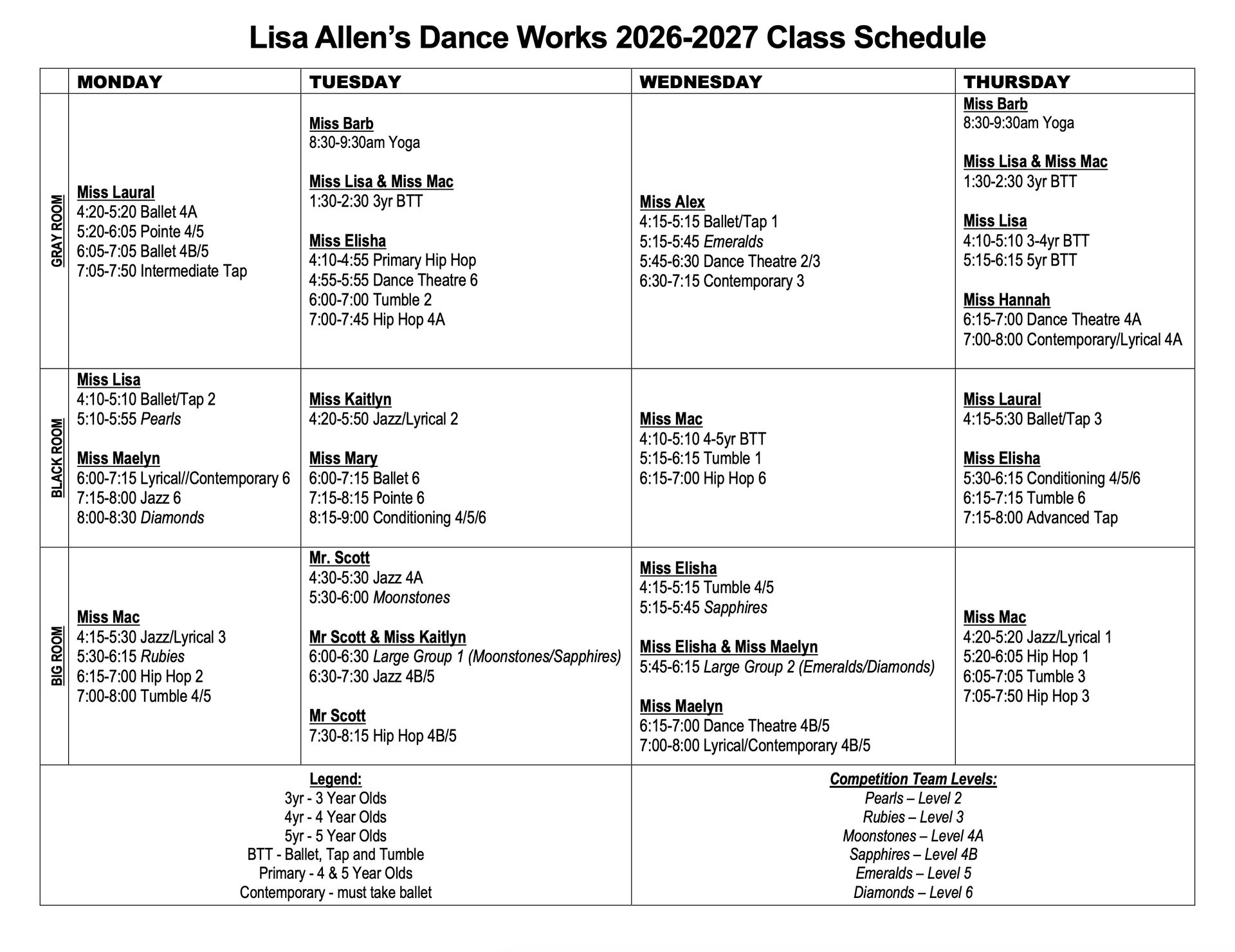 Lisa Allen’s Dance Works 2026–2027 class schedule grid with days, times, and class listings