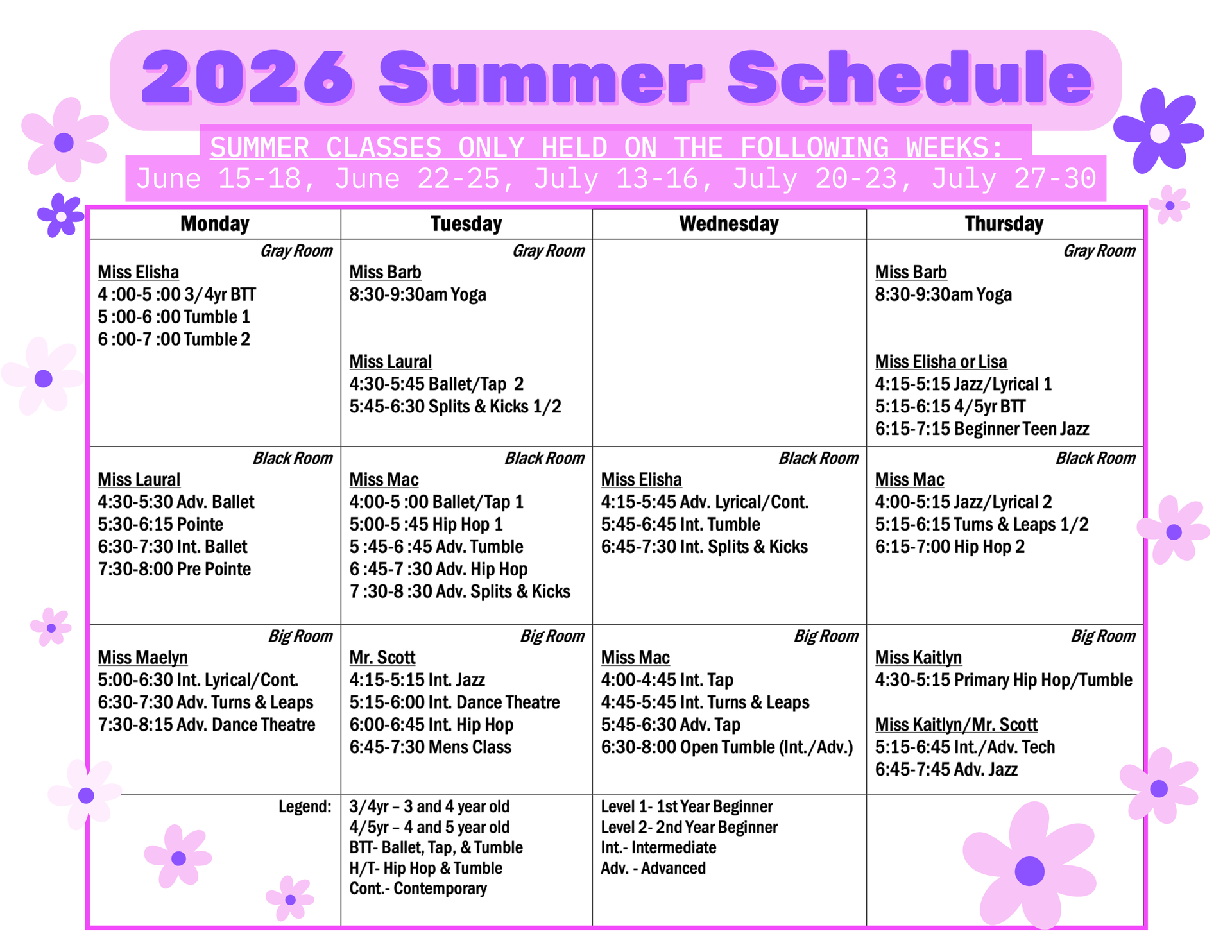 2026 Summer Schedule calendar in purple with weekly class times and floral decorations