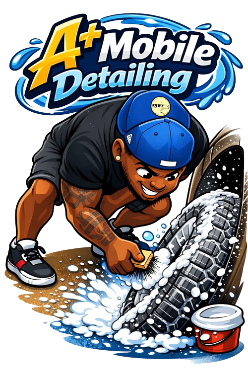 A+ Mobile Detailing logo with a detailer scrubbing a tire and white suds on a brown floor