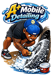 A+ Mobile Detailing logo with a detailer scrubbing a tire and white suds on a brown floor
