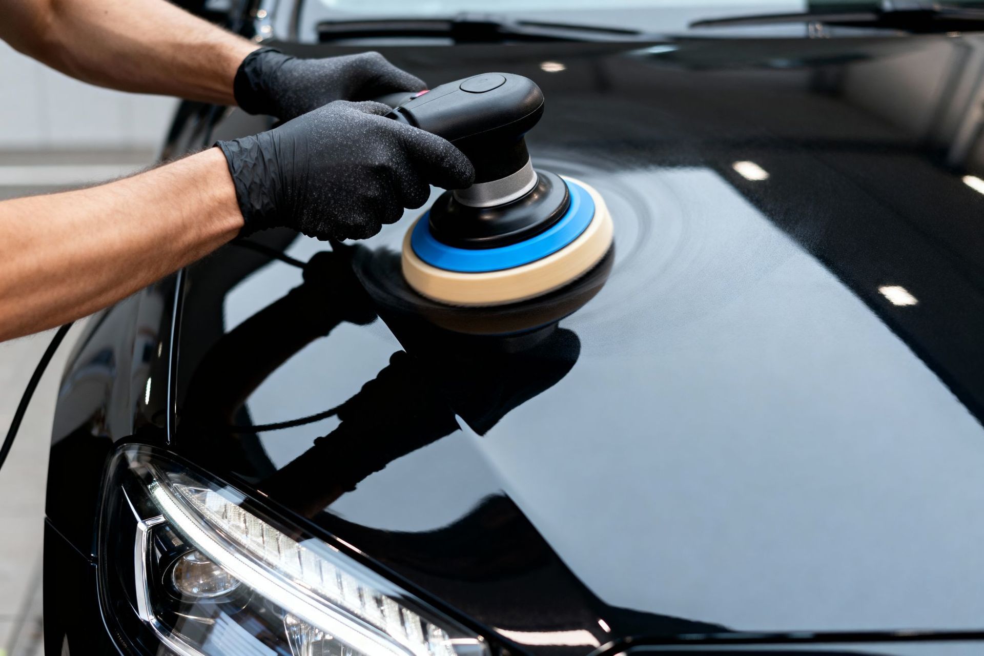 Person polishing a black car hood with a buffer polisher