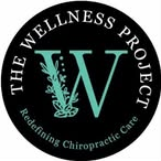 Black circular logo for The Wellness Project with teal “W” and Redefining Chiropractic Care text
