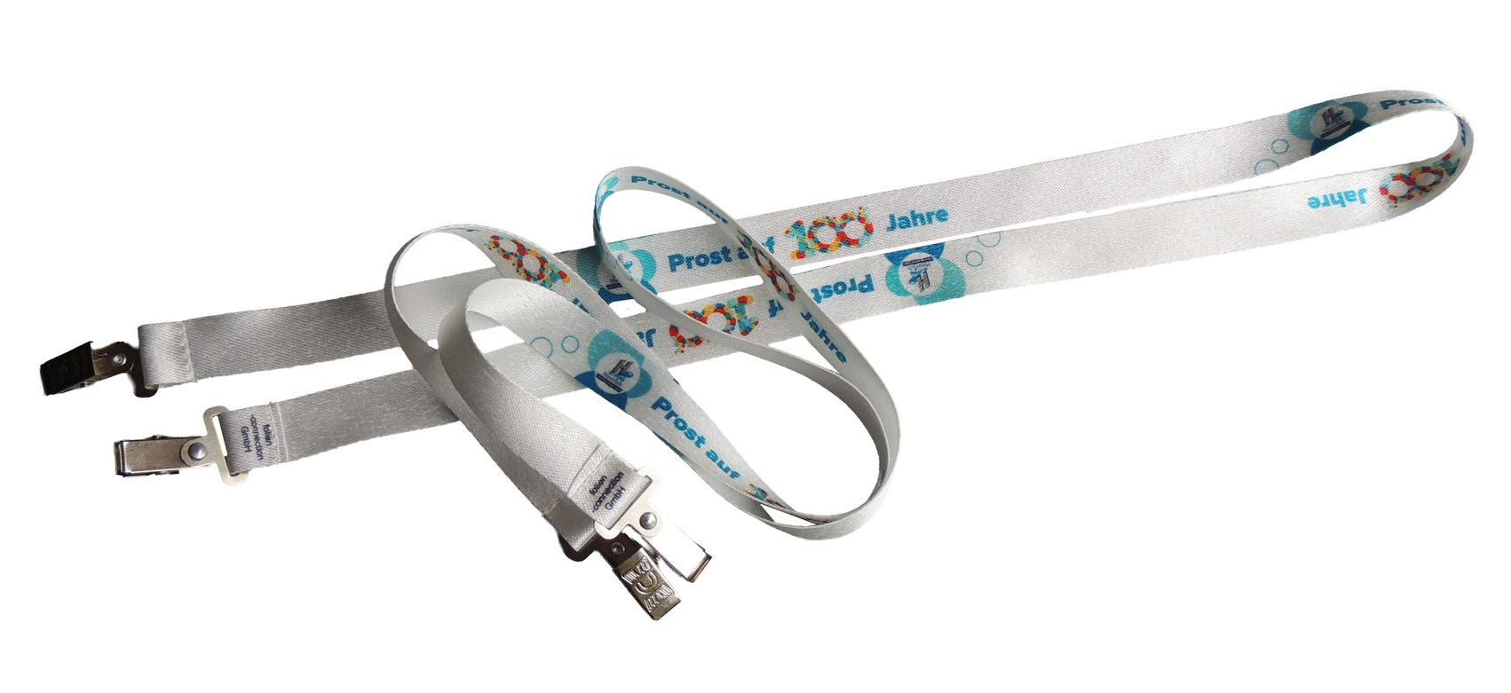 Lanyard Band weiß mit mehrfarbigem Aufdruck, und zwei Klemmen