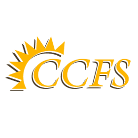 Yellow CCFS logo with a sunburst design; letters in orange, with black shadow.