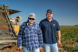 Two men in a field with a tomato harvester. One wears a plaid shirt, the other a navy polo shirt.