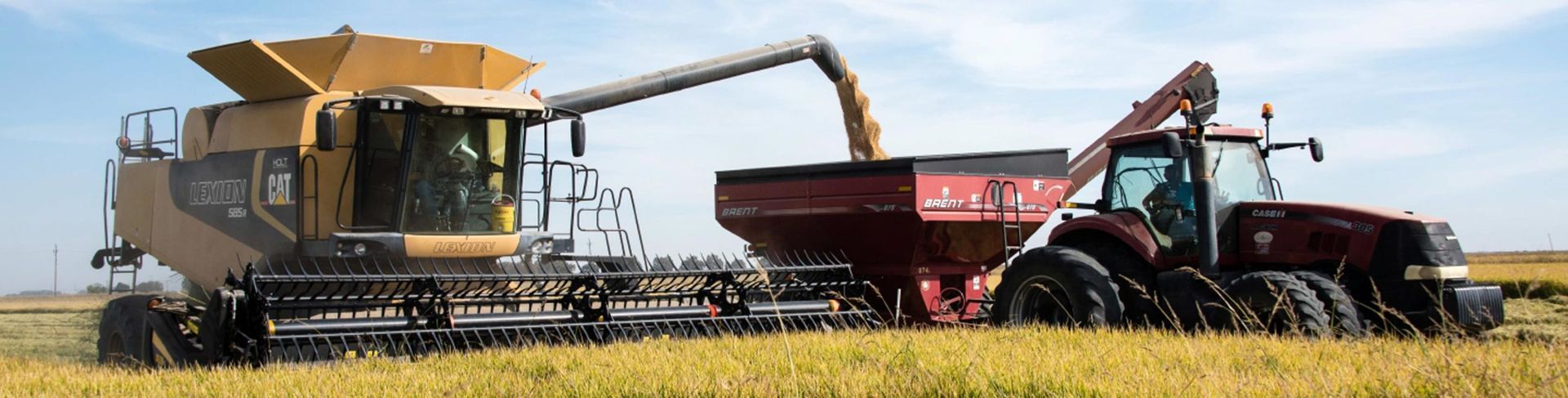 A combine harvester unloading grain into a tractor-pulled grain cart in a field under a blue sky.