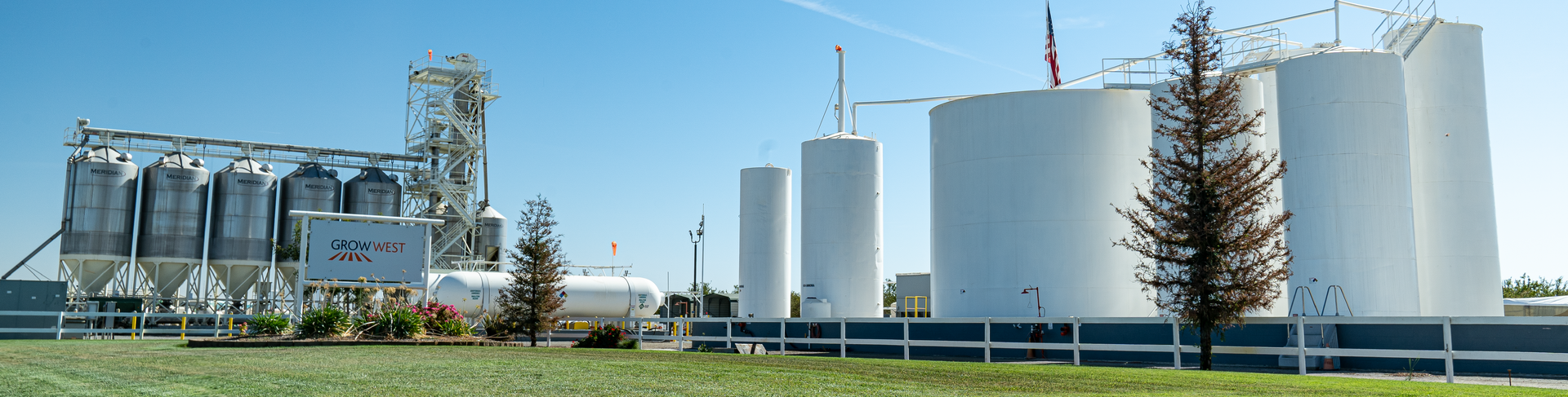 Industrial facility with silos and tanks against a blue sky, on a grassy field.