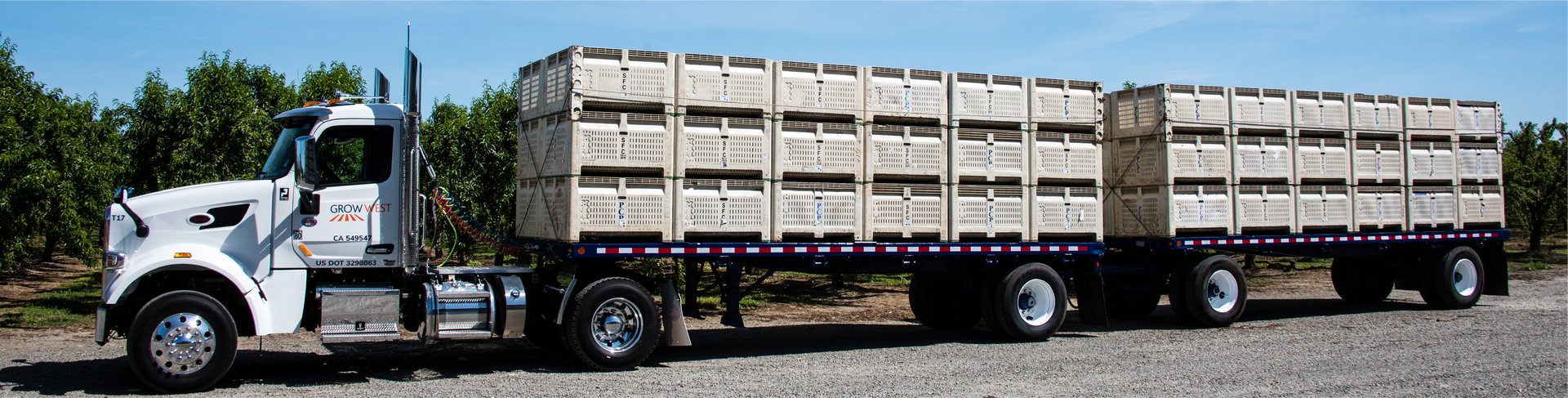 A white semi-truck hauls crates of produce on a gravel road, trees in the background under a blue sky.