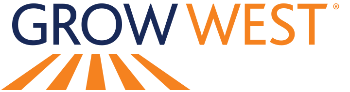 Grow West logo with dark blue text and orange rays.