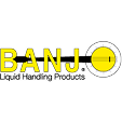 Logo for Banjo Liquid Handling Products. Yellow text, arrow, banjo illustration.