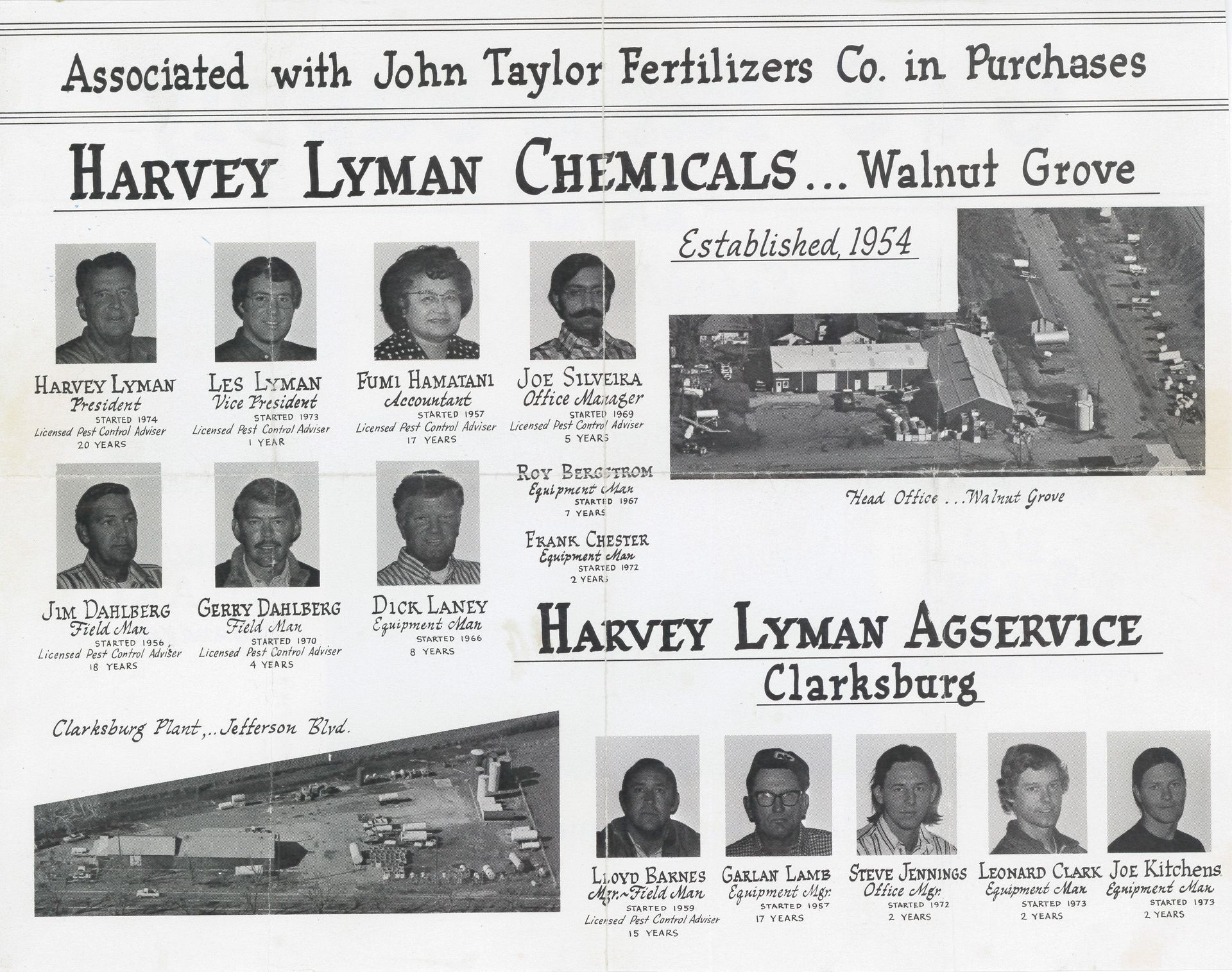 Advertisement for Harvey Lyman Chemicals and Agservice, featuring employee photos and facilities.