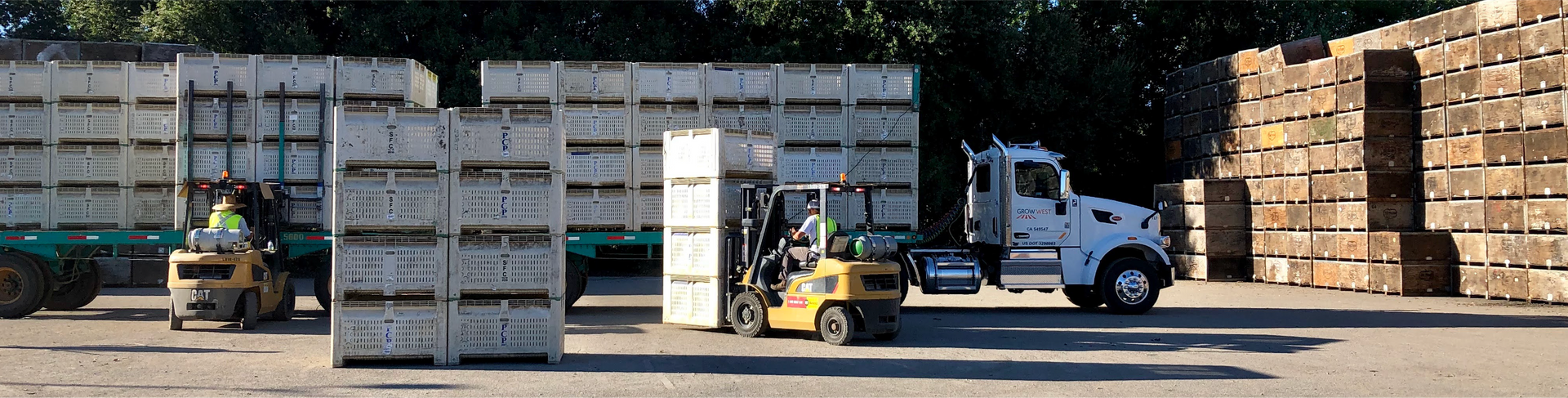 Forklifts loading crates onto a semi-truck at a warehouse.