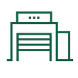 Green line icon of a building front with a door, windows, and side extension