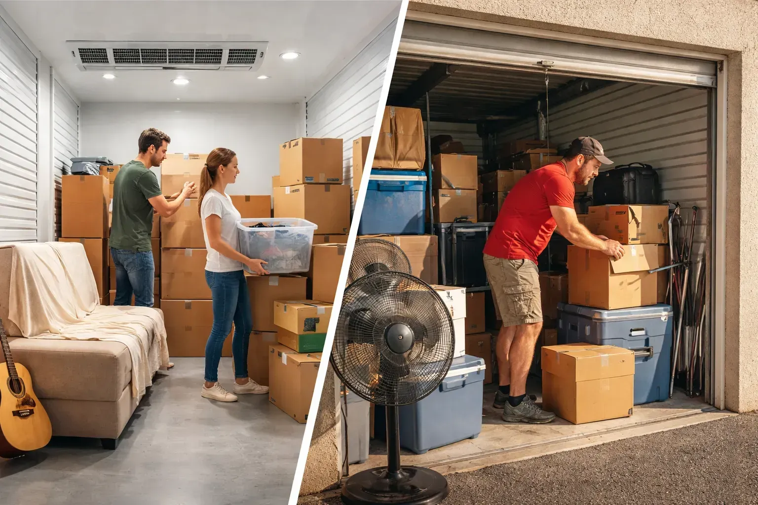Split view of two people moving boxes in a garage, one in a living room and one by an open storage unit