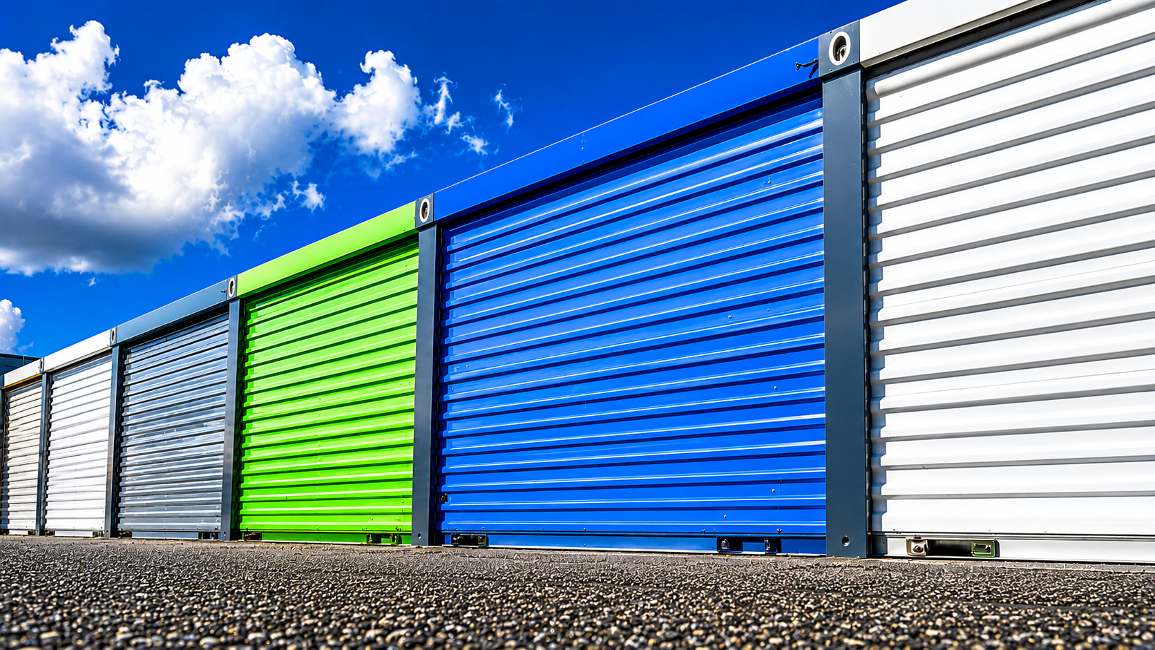 Row of colorful metal storage doors under a blue sky, with gravel foreground.