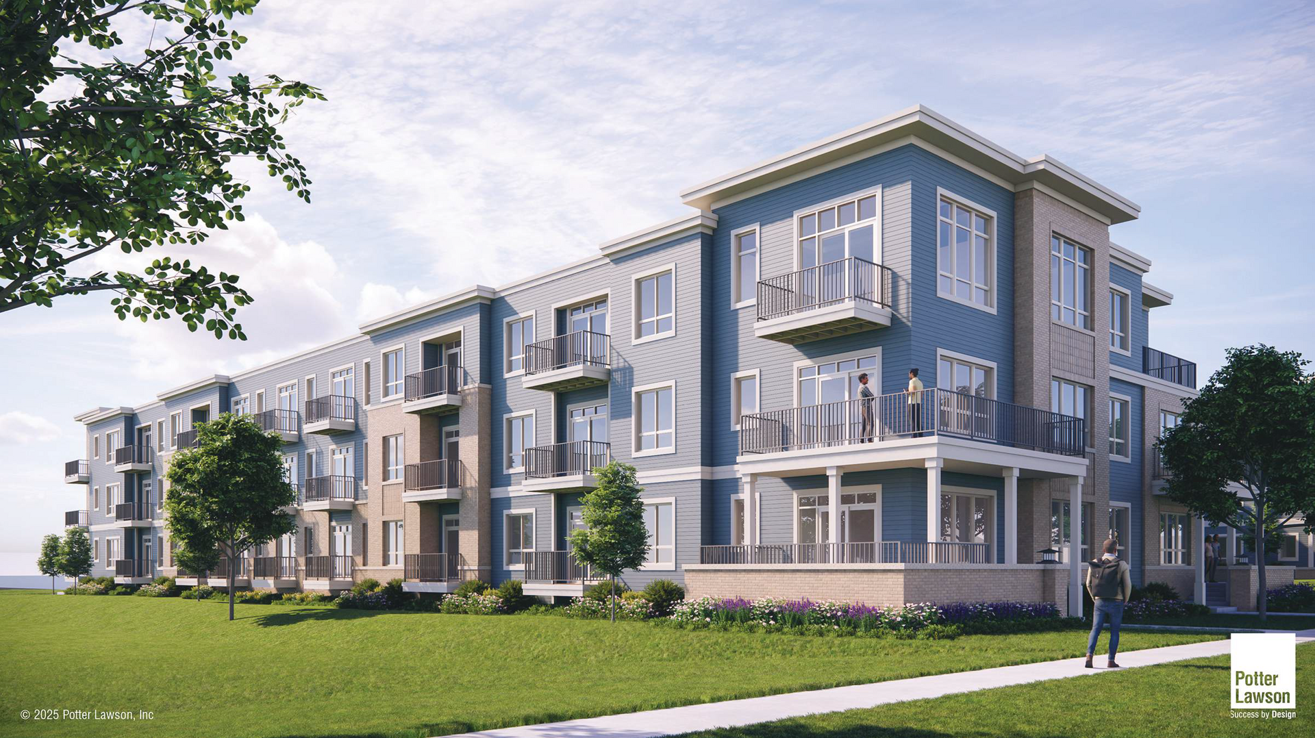 Modern three-story apartment building with blue-gray siding, white trim, balconies, and a green lawn under a bright sky