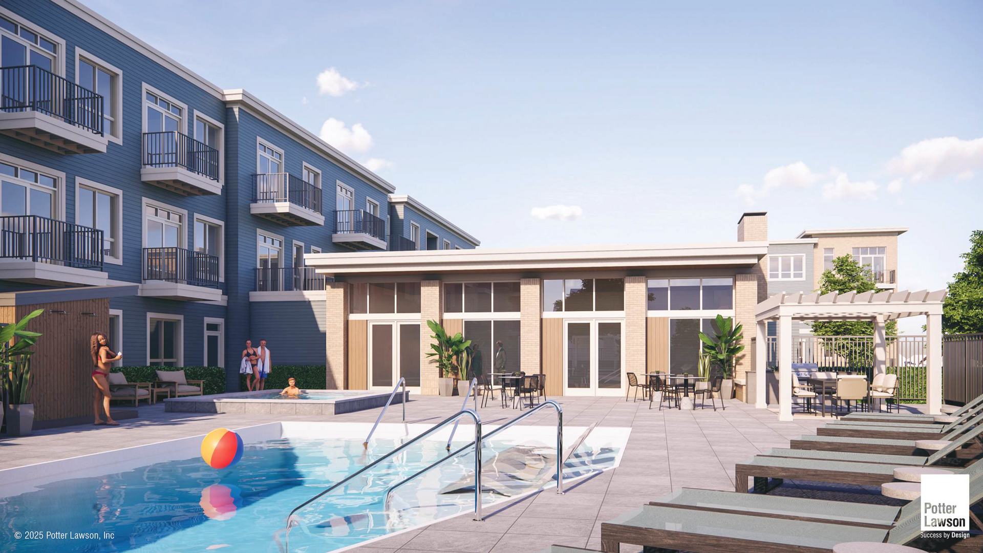 Modern hotel courtyard with a blue swimming pool, lounge chairs, and balconies in the background