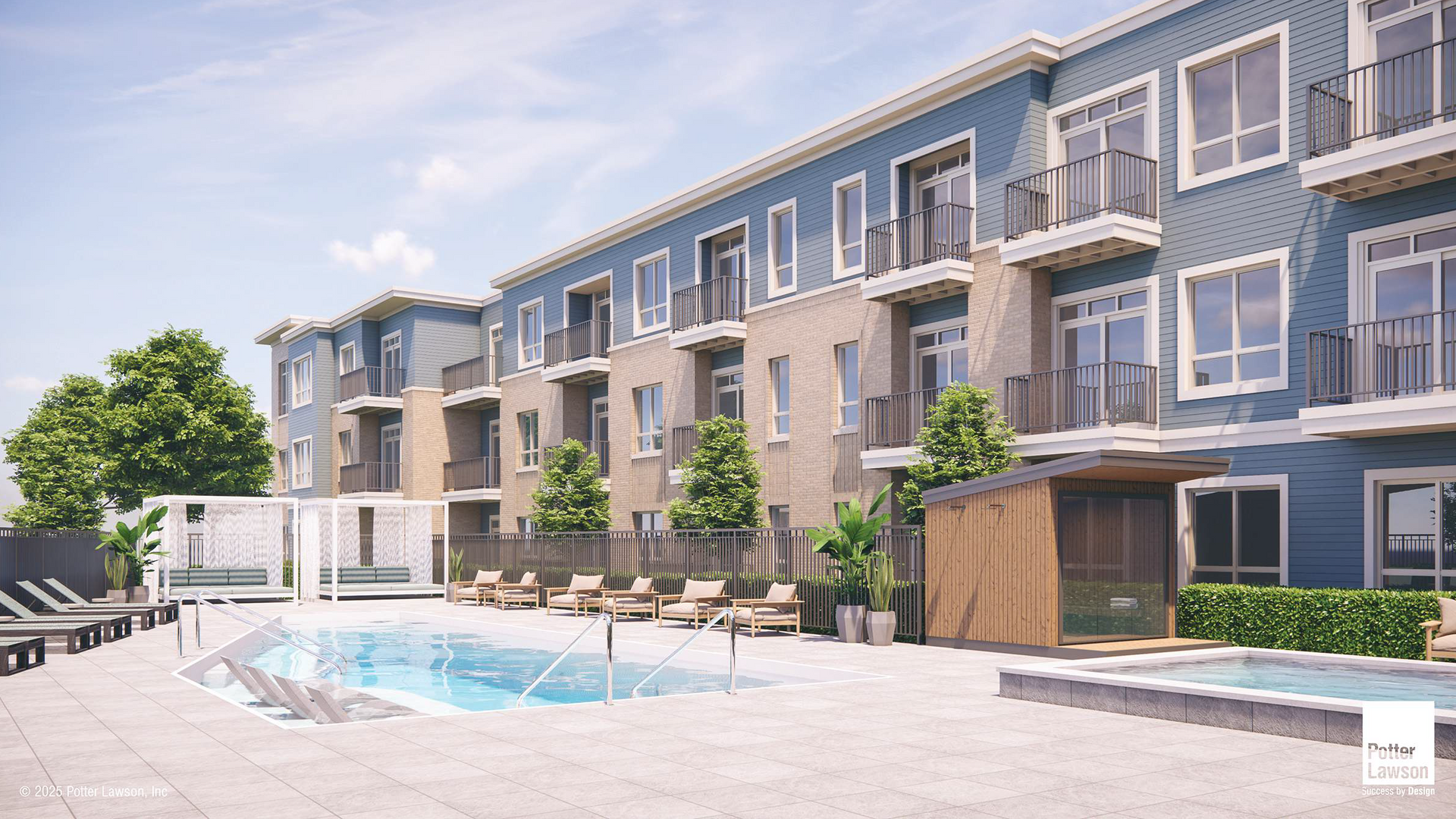 Apartment complex courtyard with a swimming pool, lounge chairs, and balconies under a clear sky