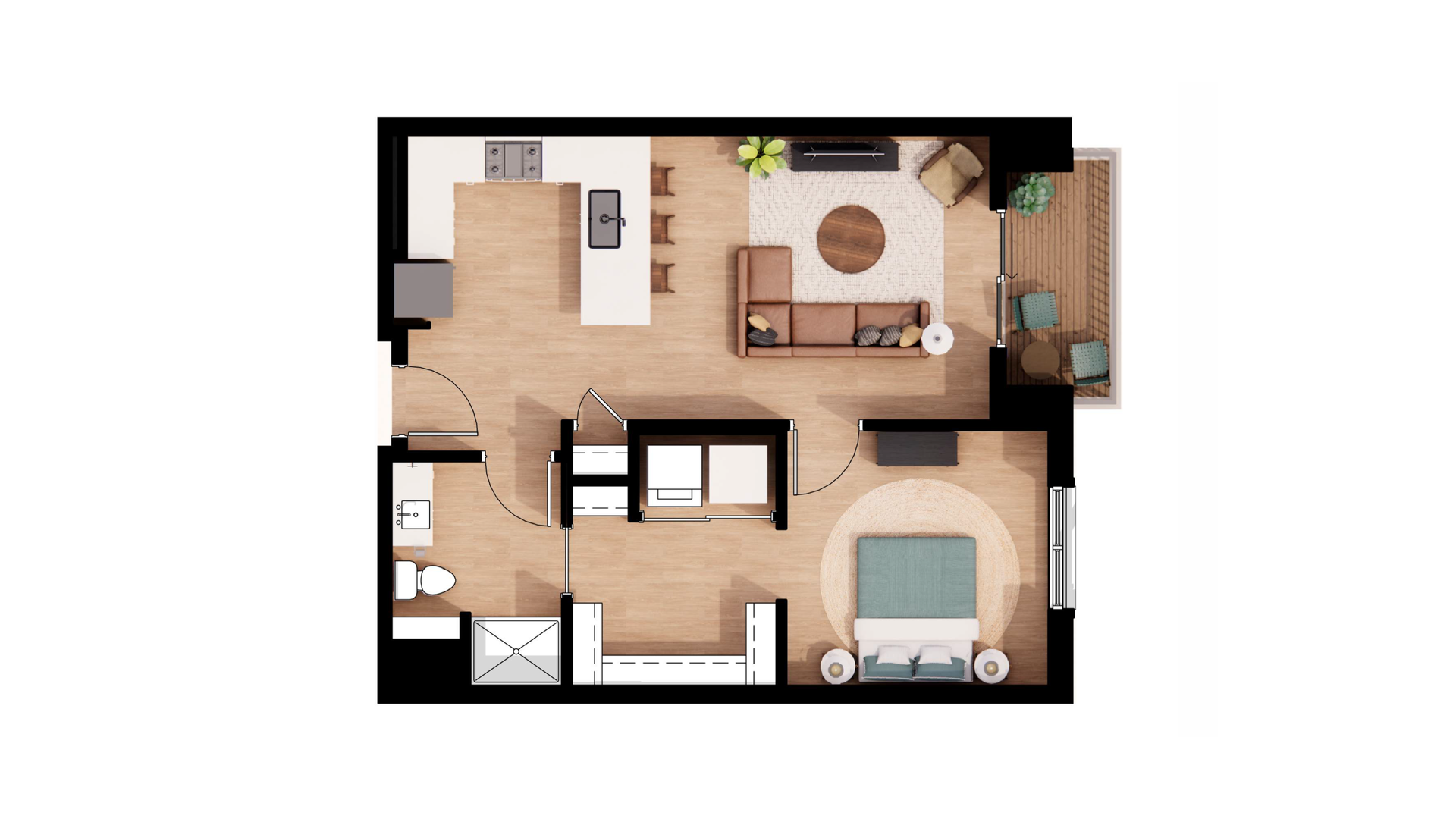 Top-down floor plan of a small apartment with bedroom, bathroom, kitchen, and living area.