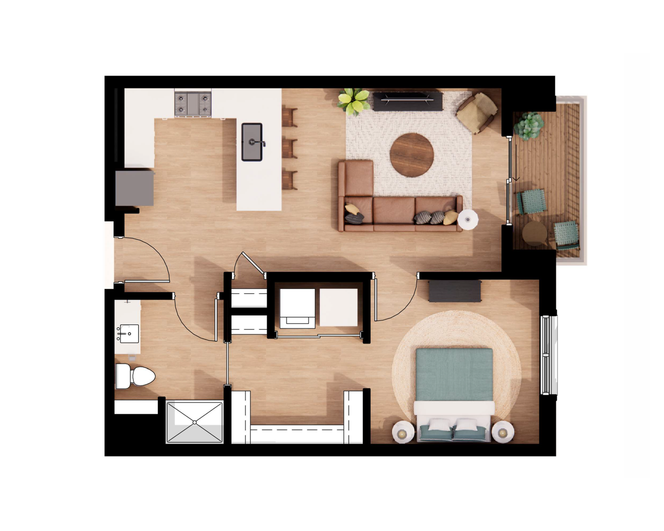 Top-down floor plan of a small apartment with bedroom, bathroom, kitchen, and living area.