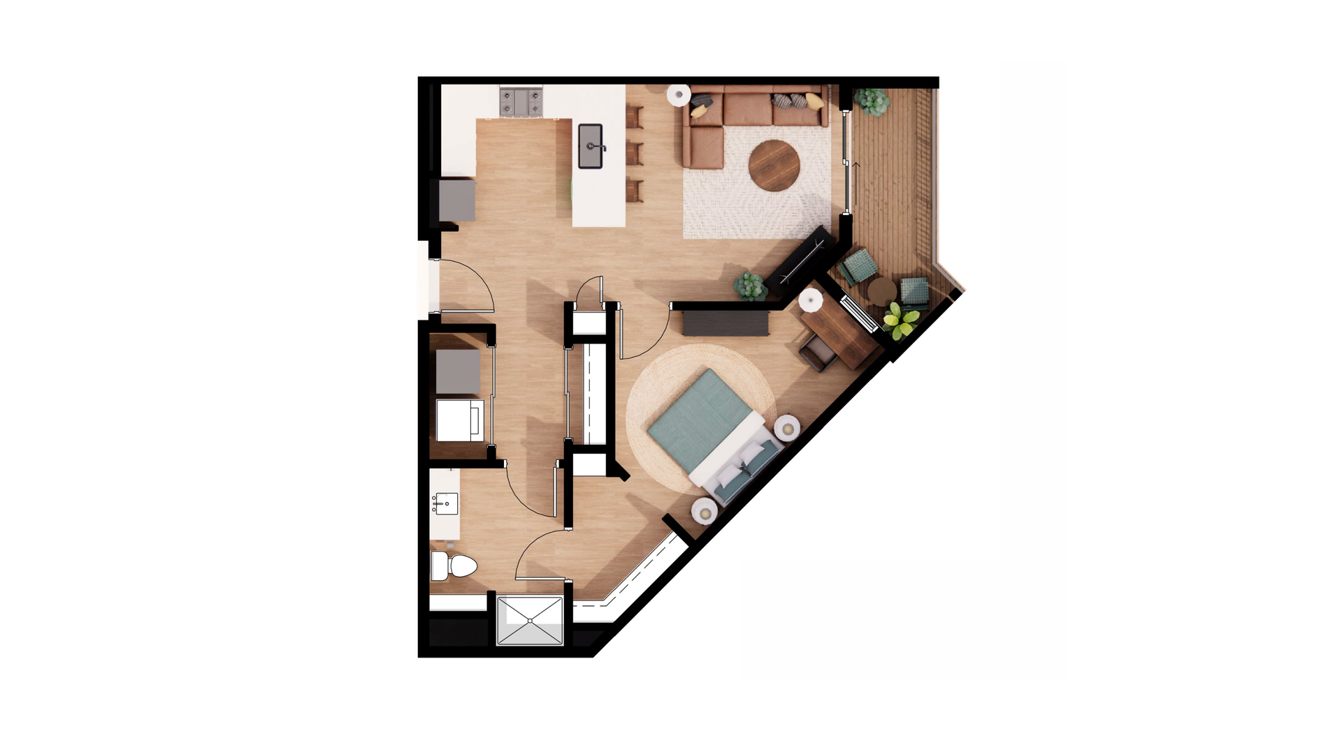 Top-down apartment floor plan with living room, kitchen, bedroom, and bathroom on a dark background