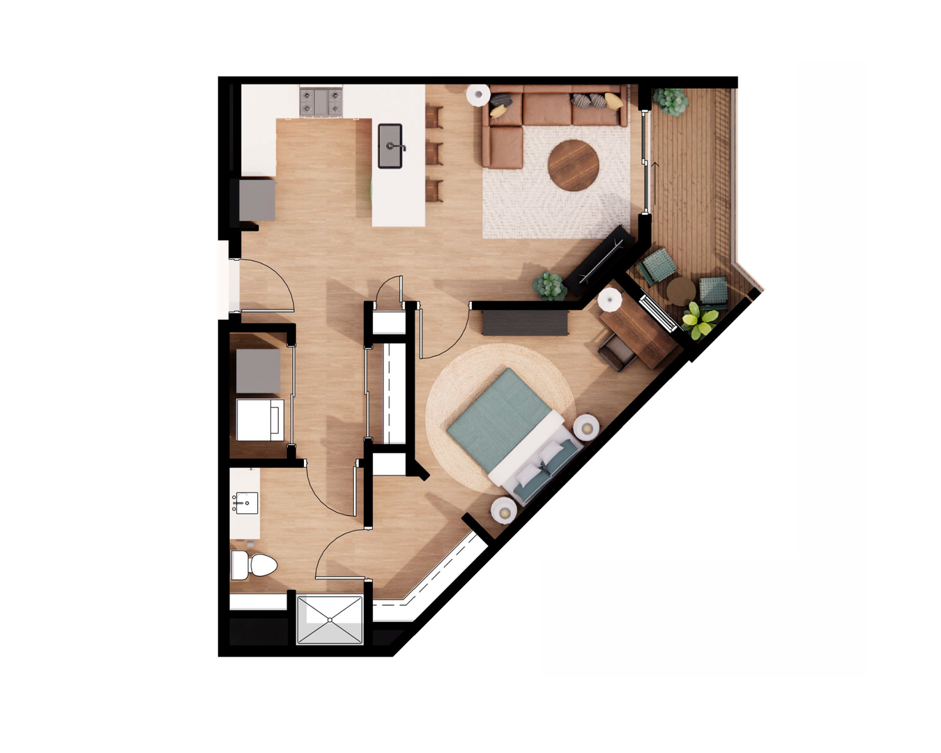 Top-down apartment floor plan with living room, kitchen, bedroom, and bathroom on a dark background